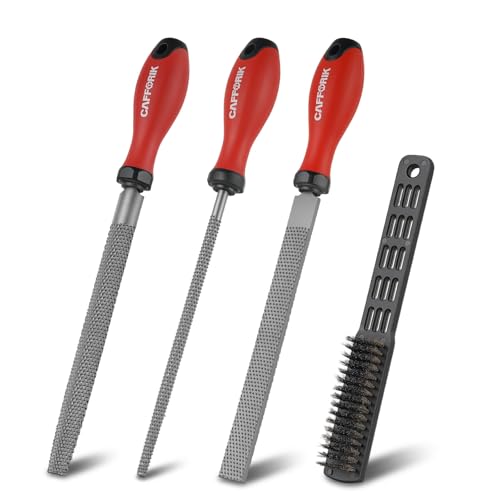 4PCS Wood Rasp File Set, 8-Inch, High-strength carbon steel, Flat/Half-round/Round Wood file with Handle, Wire Brush, For Woodworking