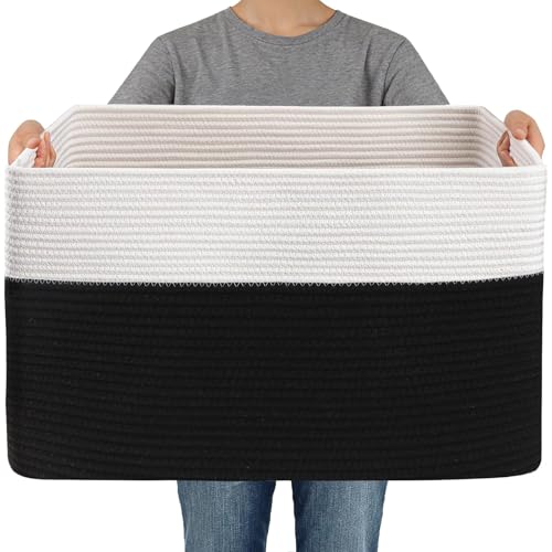 JMvicyroam 65L Large Woven Cotton Rope Blanket Basket, White&Black - color: White&Black, size: 65L