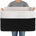 JMvicyroam 65L Large Woven Cotton Rope Blanket Basket, White&Black - color: White&Black, size: 65L