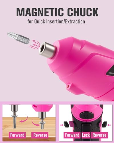 Durofort Pink Cordless Electric Screwdriver Set, 3.7V Rechargeable Small Electric Drill with 25pcs Driver Bit Set, Power 3Nm Screw Gun with 2 Position Handle, Flexible Shaft LED Light for Women