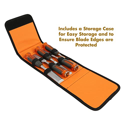 Buck Bros. 74850 5-Pc Wood Chisel Set, Full Tang Wood Chisel Sets, Woodworking Tools for Carpentry, Trim, and DIY Projects, Beveled Edge Chisels, Hardened Steel Blades, Non-Slip Handles, Storage Case - size: 5-Piece Set