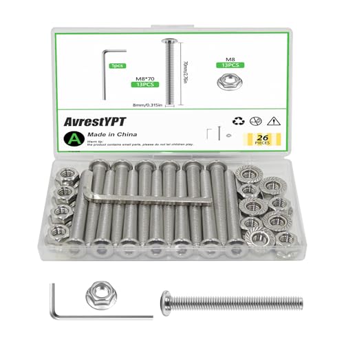 26 Pcs M8 x 70mm Flat Head Hex Socket Cap Screws Bolts Kits, 18-8 (304) Stainless Steel,Metric Bolt Assortment, Fully Threaded for Furniture, Bed, Chairs - size: M8x70mm-26Pcs