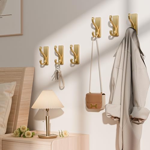 6 Pack Self Adhesive Coat Hooks - Gold Wall Hooks Wall Mount. - color: Gold