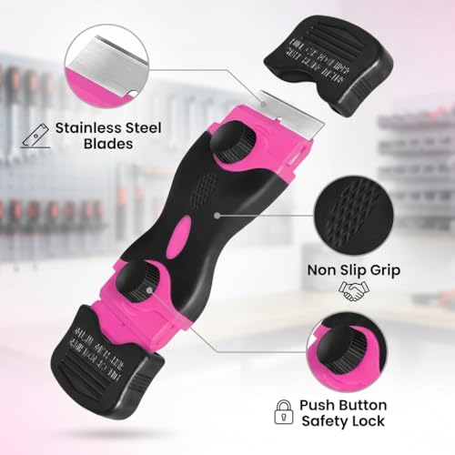 Pink Razor Blade Scraper Tool Set, 20Pcs Razor Blades, Plastic Paint Scraper, Double Edged Razorblade Scraping Tool for Glass, Windows, Stickers, Tint, Decals, Labels, Cooktop, Oven