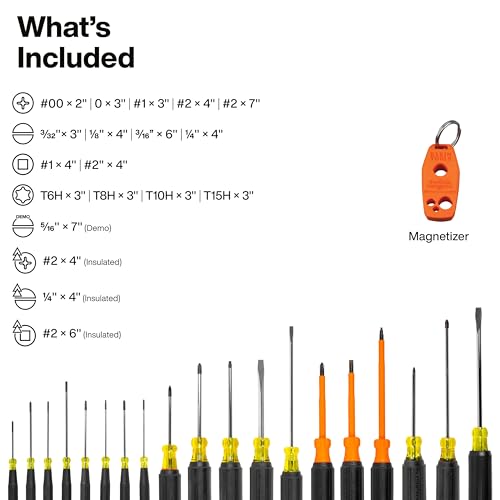 Klein Tools 85820 20-Piece Screwdriver Set, 8 Precision, 7 Standard Drivers with Color-Coded Handles, 3 Insulated Screwdrivers, 1 Demolition Driver, and Magnetizer - size: 20-Piece