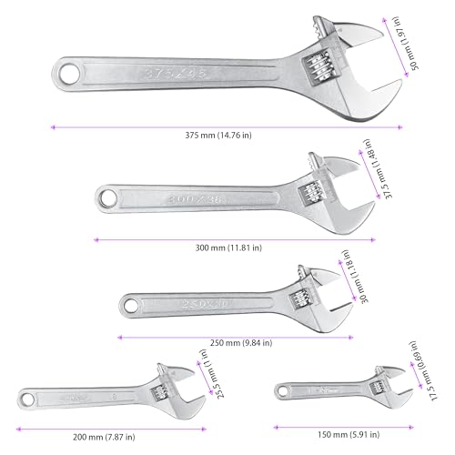 JEUIHAU 6 8 10 12 15 In Adjustable Wrench Set, SAE and Metric Scale