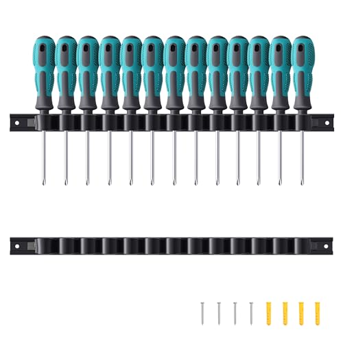Reniteco 2 Pack Wall-Mounted Screwdriver Organizers with Screws - Heavy-Duty ABS Plastic Tool Holder for Screwdrivers, Wrenches, Piers - Garage Workshop Storage (Black,2 PCS) - color: Black