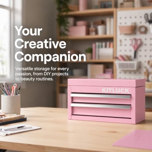 KITLUCK Mini Metal Tool Box, 2-Drawer Top Chest with Ball Bearing Slides, PVC Liners, Durable Cold Rolled Steel Small Tool Organizer for DIY Home Office Multi-Purpose Storage,Pink - color: PINK