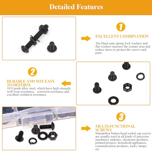 555 Pieces M3 Screws Nuts Washers Set Black, Sutemribor M3 x 6/8/10/12/16/20/25mm Button Head Socket Cap Screws Nuts Washers Assortment Kit, 10.9 Grade Alloy Steel, Fully Threaded - size: M3 x 6-25mm, style: Button Head