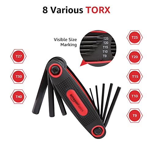 Amazon Basics Folding Hex Key Set, Metric, SAE, and Star Sizes, Chrome Vanadium Steel, 3-Pack