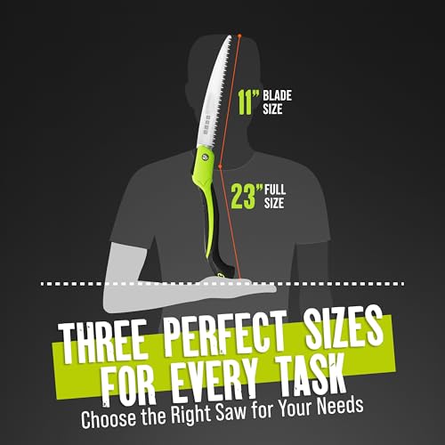 Folding Camping saw 11 Inch - Heavy Duty Pruning Saw with Triple-Cut SK5 Blade, 7 TPI Razor Teeth for Tree Trimming, Wood Cutting, Camping, Bushcraft, and Gardening - size: 11 INCH (Lime Green)