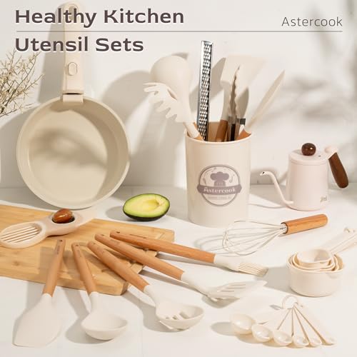 Astercook Kitchen Utensils set, 39 PCS Silicone Cooking Utensils Set with Wooden Handle, 446°F Heat Resistant Food Grade Utensil Sets, BPA Free Kitchen Gadgets Tools Set for Nonstick Cookware (Cream) - color: Cream
