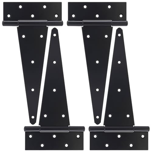 12 Inch T-Strap Gate Hinges, Shed Barn Door Hinges Heavy Duty, Black Tee Hinges for Wooden Fences, Yard Gate, Wrought Hardware Iron Rustproof (4 Pack/Set) - size: 12 Inch