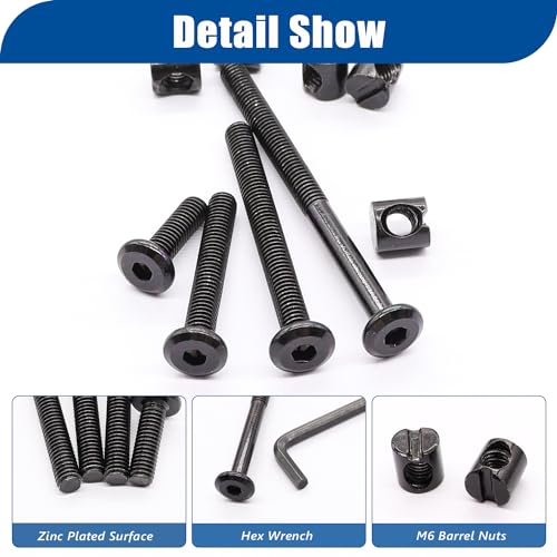 Taiss 20 Set Crib Screws M6x20mm/40mm/60mm/80mm Baby Bed Crib Screws Hardware Replacement Kit,Bunk Bed Bolts Hex Socket Cap Screws Bolt with Barrel Nuts/Wrenches for Beds Furniture Headboards - color: Black