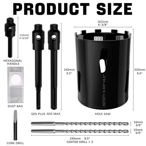 Diamond Core Drill Bit 6-3/8"(162mm) with Pilot Bit & Adapters (SDS Plus & Hex) – Upgraded Welded Segments, 8.6" Depth – for Concrete, Solid Brick, Hollow Brick, Masonry & More - size: (6-3/8"/162mm)