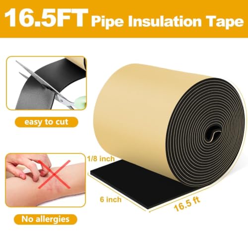 DEMEDO Pipe Insulation Tape, Pipe Wrap Insulation Foam Tape Self Adhesive, Outdoor Water Pipe Insulation Roll for HVAC, AC Line Insulation, 6 inch x 16.5 FT Heat Tape for Water Pipe, Black - style: 6" wide x 1/8" thick x 16.5ft long