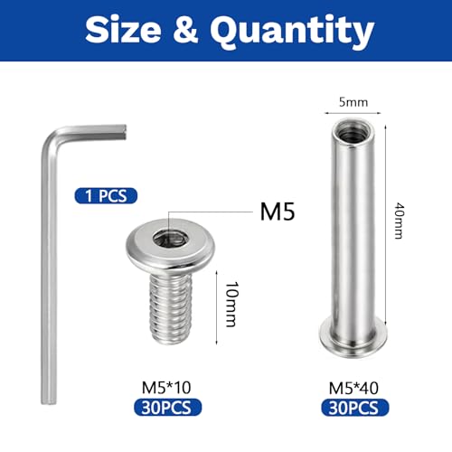 30 Sets M5 x 40mm Stainless Steel Furniture Joint Connector Bolts - size: M5 x 40-30 Sets