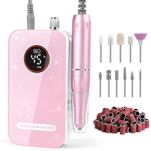 Professional Nail Drill, 45000RPM Rechargeable Cordless Electric File,Pink - color: Pink