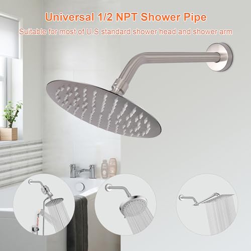Shower Arm with Flange and Teflon Tape, Wall Mounted Shower Pipe 304 Stainless Steel Extension Arm for Fixed Shower Head & Handheld (12 Inches, Brushed Nickel) - color: Brushed Nickel, style: 12 Inch