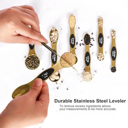 Magnetic Measuring Spoons Set Stainless Steel with Leveler, Stackable Metal Tablespoon Measure Spoon for Baking, Measuring Cups and Spoon Set Kitchen Gadgets Apartment Essentials Fits in Spice Jars - color: Gold