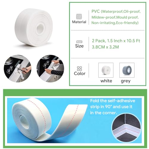 2 Pack Caulk Strip, 1.5" x 10.5Ft PVC Self Adhesive Caulk Tape, Sealing Waterproof Silicone Tape for Bathroom Bathtub Kitchen Toilet Wall Windows - color: 2 Pack, White