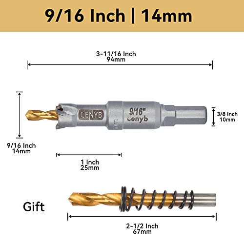 9/16" (14mm) Tungsten Carbide Tipped Hole Saw with 2Pcs Titanium-Plated Pilot Drill Bits for Hard Metal,Stainless Steel,Iron,Aluminum Alloy,Wood and Plastic - size: 14mm | 9/16"