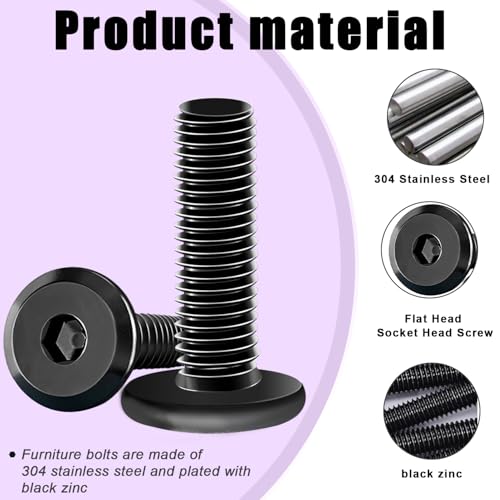 Taiss 20pcs M6 x 25mm Flat Head Socket Head Screw Furniture Bolts,Furniture Screws Stainless Steel 18-8(304),M6 Bolts Black Zinc Plated Fully Threaded,Countersunk Connector M6 Screws with Hex Spanner - size: 20PCS M6x25mm
