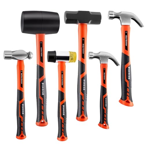 PINOZE 6-Piece Hammer Mallet Set with Fiberglass Handle Forge Steel Head, 16oz Ball Pein Hammers | 32oz Rubber Mallet | 3lb Sledge | 16oz & 8oz Claw Hammer | 22oz Double-Faced Mallet