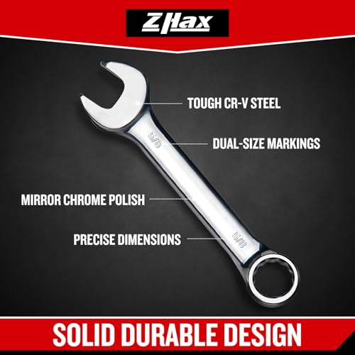 zhax 5/8" SAE Stubby Combination Wrench, 12 Point Box End, 15 Degree Offset Design, Mirror Polish Finish, Forged CR V Steel, Hand Tools for Mechanics, Ideal for Auto and Home Repair - size: 5/8"