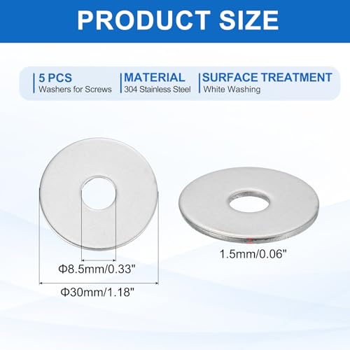MECCANIXITY 5 Pcs M8 Stainless Steel Flat Washers Round Assortment Parts Spacers Assorted for Screws, Bolts, Plumbing, Automotive, Electrical 8.5mm ID 30mm OD 1.5mm Thick - size: M8, 8.5mm ID 30mm OD 1.5mm Thick