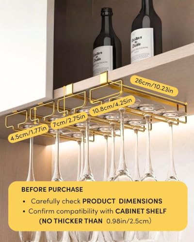 LINFIDITE Gold Under Cabinet Wine Glass Holder, 2 Pack, Space Saving, Easy Installation, Anti-Skid, Compact Design, Sturdy Materials, Affordable Gift - color: Gold, size: Shelf Thickness Under 0.98in