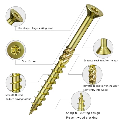 Wensilon 5/16 * 3" Yellow Zinc Deck Screws, (48pcs) 2 lbs.Exterior Wood Screws, Bronze, Star Bit - color: Yellow, size: 5/16*3"
