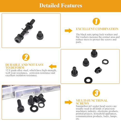 555 Pieces M3 Screws Nuts Washers Set Black, Sutemribor M3 x 6/8/10/12/16/20/25mm Hex Socket Head Cap Screws Nuts Washers Assortment Kit, 12.9 Grade Alloy Steel, Fully Threaded - size: M3 x 6-25mm, style: Socket Head