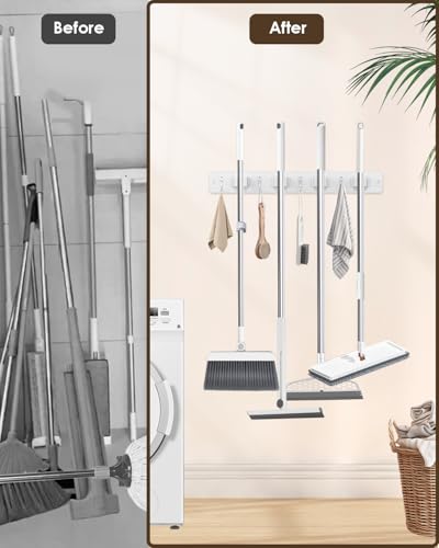 AceMining White Broom Holder Wall Mount, 4 Holders 4 Hooks Mop Holder - color: White, size: 1 Pack