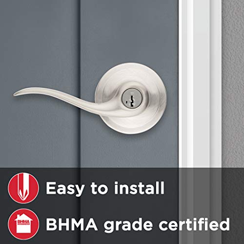 Kwikset Tustin Entry Door Handle with Lock and Key, Secure Keyed Reversible Lever Exterior, For Front Entrance and Bedrooms, Satin Nickel, Pick Resistant Smartkey Rekey Security and Microban