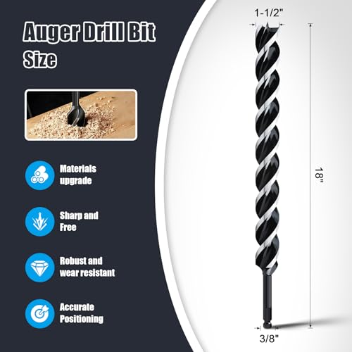 1-1/2" x 18" Auger Drill Bit for Wood,Hex Shank Tri Flute Drill Bit - size: 1-1/2"x18"