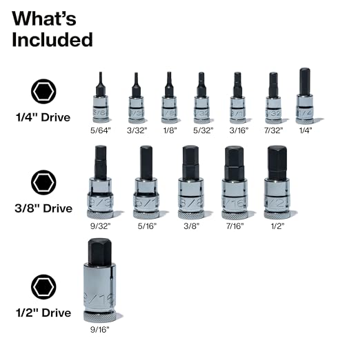 Klein Tools 65213HEX Knurled Hex Bit SAE Socket Set, 1/4, 3/8 and 1/2-Inch Drives, Premium Cr-V Steel, SAE Sizes 5/64 to 9/16-Inch, MODbox Case, 13-Piece - style: SAE