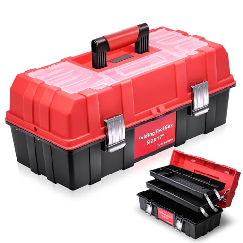 Auto Dynasty 3-Layer Folding Tool Box, Portable w/Non-Slip Handle Tray, Red - color: Red, size: 3-Layer