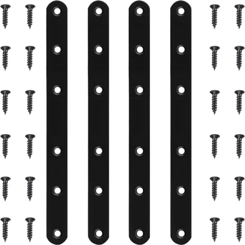 4 Pack Black Straight Brace Brackets 8 Inch Stainless Steel Flat Mending Plates, Heavy Duty Repair Fixing Joining Brackets for Wood with Screws