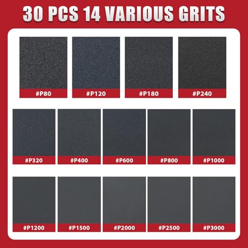30PCS Sanding Sponge Pads, 80-3000 Grit Sandpaper Assortment for Wood Metal
