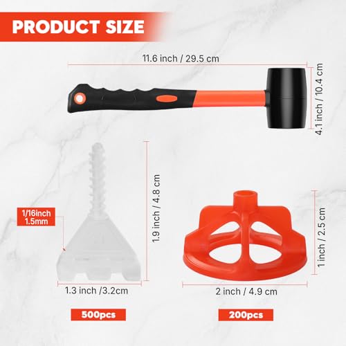 DGSL Tile Leveling System 1/16", 500 Tile Spacers and 200 Red Cap, Hammer - size: 1/16 Inch * 500 Base+200 Caps