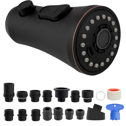 Hibbent Pull Down Kitchen Faucet Head Replacement with 15 Adapters - color: Oil Rubbed Bronze, style: Stay on sprayer without hold button
