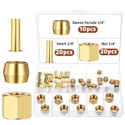 Compression Fittings, 1/4 Compression Fitting Brass Assortment Kit Include Sleeve Ferrule, Nut Used to Connect Lines for Air Water Fuel Oil and Inert Gases