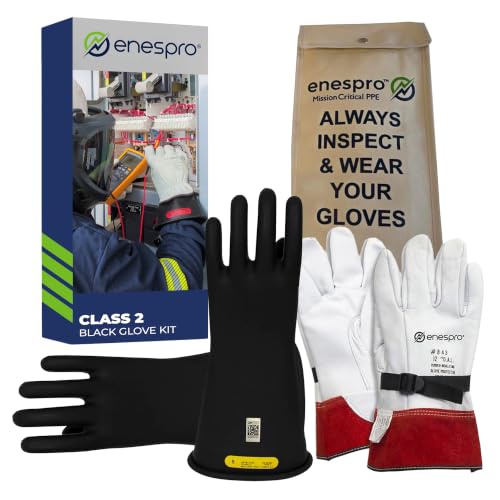 Enespro Class 2 Insulated Electrical Gloves Kit, 17,000V AC/25,500V DC - color: Black, size: Size 9 (Pack of 1)