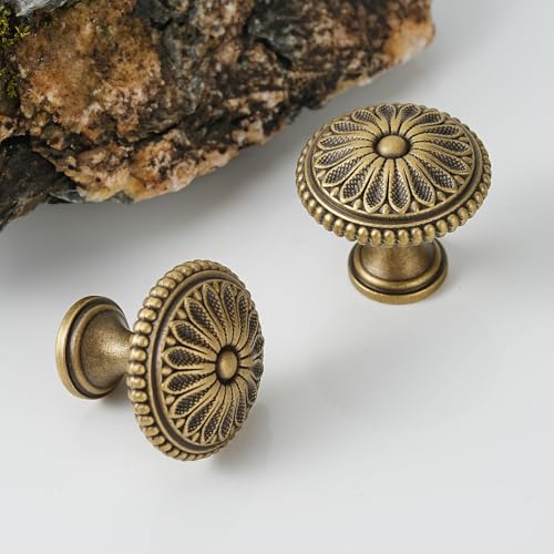 5 Pack | Cabinet Knobs | Solid Brass | 1-1/8 Inch Diameter | Brushed Antique Brass |Classic Cabinet Knobs for Furniture Kitchen ＆ Bathroon Fixture - size: 1-1/8 Inch Knob