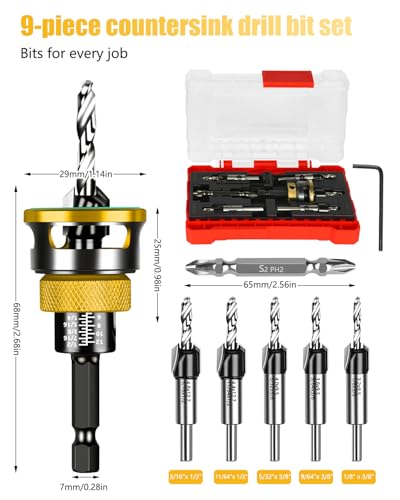9PCS Countersink Drill Bit Set with Adjustable Depth Stopper - color: Golden, size: Standard - Manual Adjustment