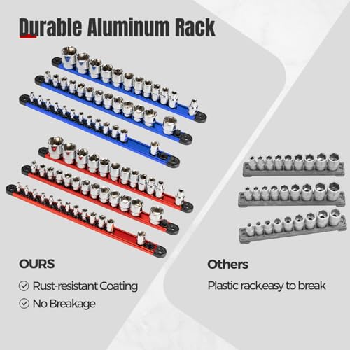 6PC Magnetic Socket Organizer Set, 1/2" 3/8" 1/4" Drive - color: Red & Blue, size: 6 Pieces-1/4", 3/8", 1/2" DR