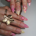 Summer Press On Nails Short Almond French Tip 3D Flower Gold Rhinestone - color: Style25