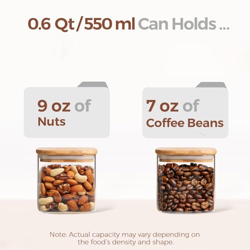 ComSaf Square Glass Containers with Lids 0.6 Qt, Set of 6 Small Glass Jars | Small Glass Canisters, Spice Jar, Pantry Organization, Snack, Cookie, Coffee Bar Organization, Size For Subpackage, BPA Free - size: 0.6Qt*6