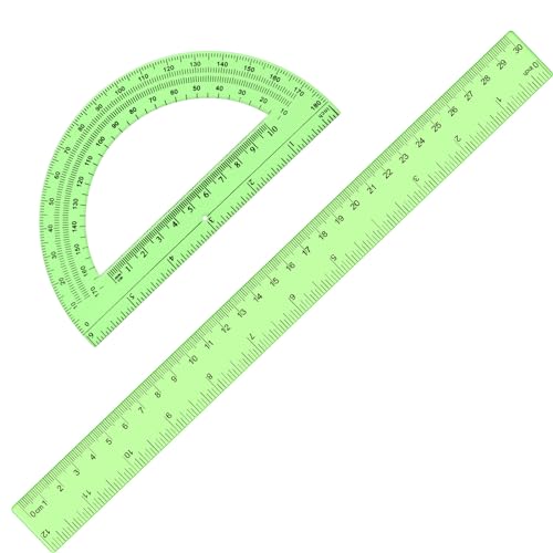 Zonon 2 Pcs 12 Inch Clear Ruler and 6 Inch Plastic Protractor Set, Green - color: Green